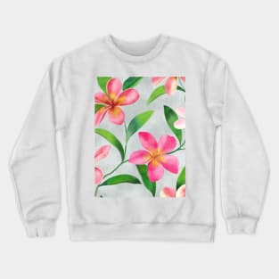 Tropical plumeria flowers and leaves watercolor seamless pattern. Exotic pink flowers composition. Colorful floral summer arrangement on textural background Crewneck Sweatshirt